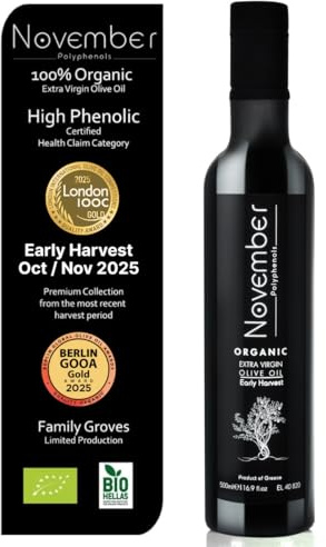 November Polyphenols Olive Oil Extra Virgin - Organic High Phenolic EVOO – Early Harvest – Lab Certified +1200mg/kg High Polyphenol – Cold Pressed Extra Virgin – Greek – 500ml Bottle