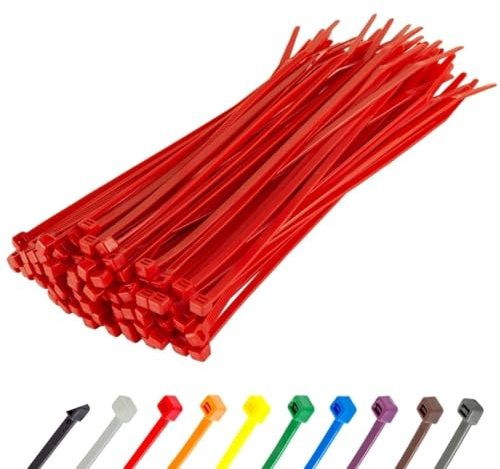 GTSE 100 Pack of Red Cable Ties, 200mm x 2.5mm Premium Tie Wraps, Nylon Zip Ties