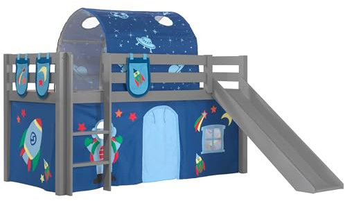 Vipack Spielbett Pino inkl. Rutsche mit Textilset Vorhang, Tunnel und 3 Taschen Astro Kiefer massiv grau lackiert