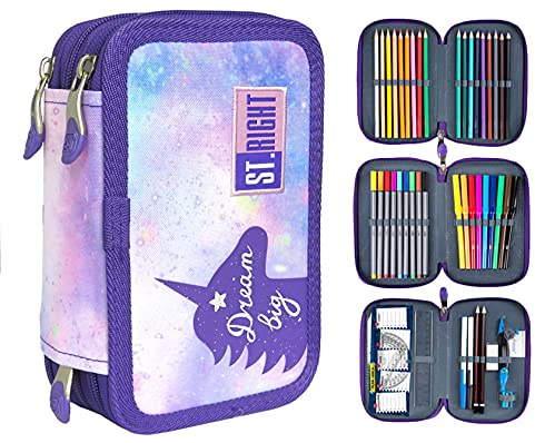 St. Right XXL Federtasche Federmappe Federmäppchen 46-teilig gefüllte Schüleretui 3-stöckig 19 x 13 x 7 cm 3-fach Junge Mädc (Sky Unicorn)