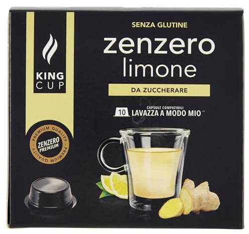 King Cup - 1 Confezione da 10 Capsule di Zenzero e Limone da Zuccherare, 10 Capsule Compatibili con Sistema Lavazza a Modo Mio di Bevanda al Gusto di Limone e Zenzero, Senza Glutine, Senza Lattosio
