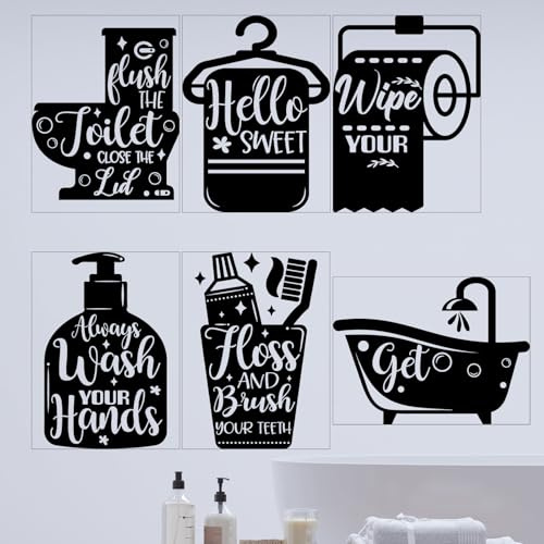 Zonon 6 Pieces Bathroom Wall Decals Sticker Bathroom Funny Sayings Quotes Wall Decor Vinyl Rules Sign Art Decals for Toilet Laundry Room Shower Room Decoration(Black and White)