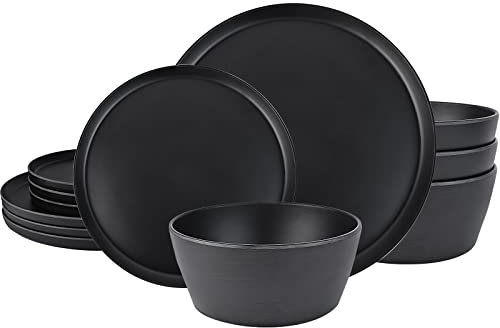 afcevnlb Juego de vajilla de plástico de 12 piezas, juego de platos y cuencos, servicio para 4 platos de melamina negro mate, plástico irrompible, platos de camping al aire libre, decoración apta para