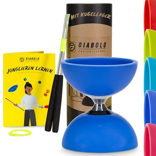 Diabolo Freizeitsport Jonglier-Set Pro mit kugelgelagertem Diabolo (blau), Handsticks aus Aluminium, Ersatzschnur (160cm) und Gedruckter Anleitung