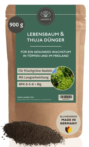 Bio Thuja Dünger Herbst 900 g - 100% Turbo Langzeitdünger - Koniferen Dünger Langzeit - Organisch und mit Eisen & viel Kalium für frischgrüne Nadeln - Tannendünger - Heckendünger Thuja Smaragd
