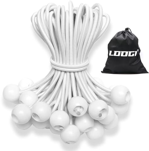 LOOGI Bungee Cord with Balls, 25Pcs 4 Inch White Bungee Ball Cords, Heavy Duty Tarp Bungees Ties Elastic Tie Down Straps for Tarpaulin Tent Camping Pavilions Flag Marquee