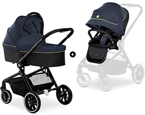 hauck Move so Simply Set, Dark Navy Neon - 2 in 1 Pram & Pushchair with Raincover from Birth up to 22 kg inclusive Frame, Carrycot & Toddler Seat, Compact & Foldable, UPF 50+, Fully Reclining