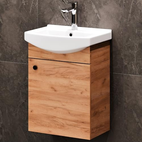 Planetmöbel Badmöbel Set Waschtisch mit Unterschrank 45 x 60 x 33 cm | Waschtischarmatur chrom für Badezimmer, Gäste WC & Bad, Gold Eiche