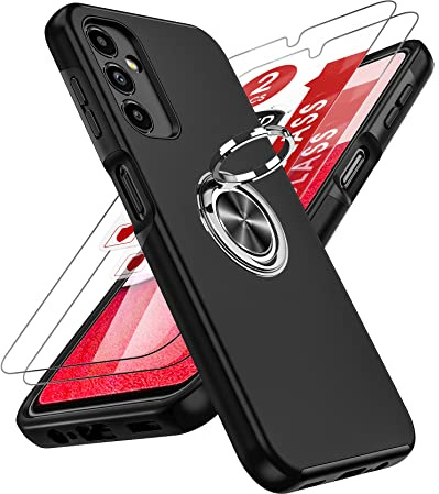 LeYi for Samsung Galaxy A14 4G/5G Phone Case, 2 Tempered Screen Protector | Heavy Duty Protection Shockproof with 360 Ring Holder Stand Magnetic Silicone Case for Galaxy A14 Black