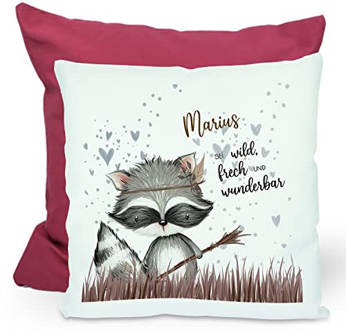 CreaDesign, Kinder Kissen 40x40 cm personalisiert mit Namen, Kinderzimmer Deko Kissen Kinder mit Füllung Federn, Motiv Dachs Indianer, Rückenfarbe Lila