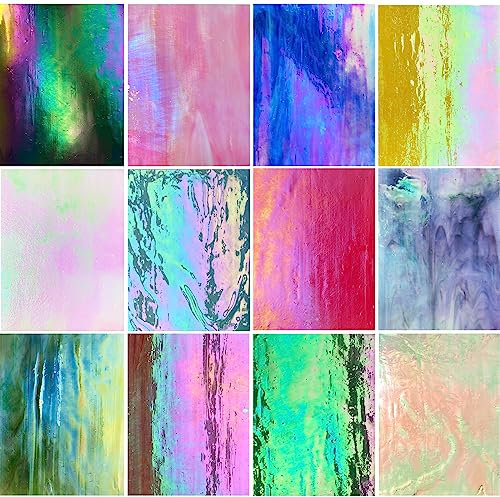 ILLUCKAI 12 Sheets Iridescent Stained Glass, 4 x 6 Inch Rainbow Iridized Mosaic Tiles for Crafts, Art Projects and Mosaics