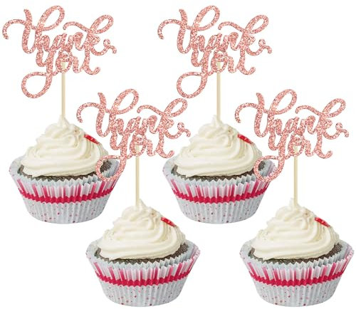 24Pcs Thank You Cupcake Toppers Glitter Thankful Cupcake Picks for Birthday Anniversary Thanksgiving Day Wedding Bridal Shower Party Cake Decorations Supplies Rose Gold