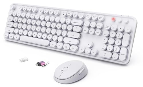 Tastiera wireless e mouse, tastiera ergonomica a grandezza naturale, stile retrò, con copritasti rotondi, compatibile con Windows, PC, Perfer per tastiere di casa e ufficio (bianco)