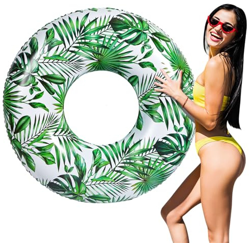 MoKo Pool Float for Adults, Inflatable Swimming Pool Float Large Fun Print Pool Raft Water Toys Floaties for Adults Swim Ring for Summer Beach Pool, White & Green Leaf