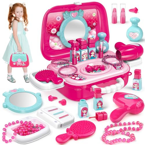 Valigetta Trucchi Bambina, Trucchi Bambina 3 Anni, Giocattoli di Ruolo, Portagioie, Borsa per il Trucco per Bambini, 2 in 1 Finto Gioco di Trucco, Mini Valigetta Portatile con Braccialetto e Rossetto