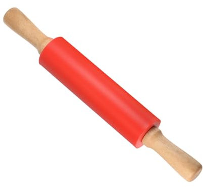 CoCud Mattarello in Silicone, Lunghezza 15, Silicone Quercia Antiaerente Rullo Pasta Fondente con Manico Ergonomico in Legno Rosso per Progetti Cottura Fai Da Te