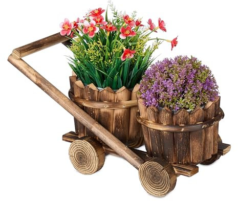 Relaxdays Pflanzwagen mit 2 Blumentöpfen, Blumenwagen zum Bepflanzen, HBT: 19x17,5x37 cm, Pflanzkarre aus Holz, braun