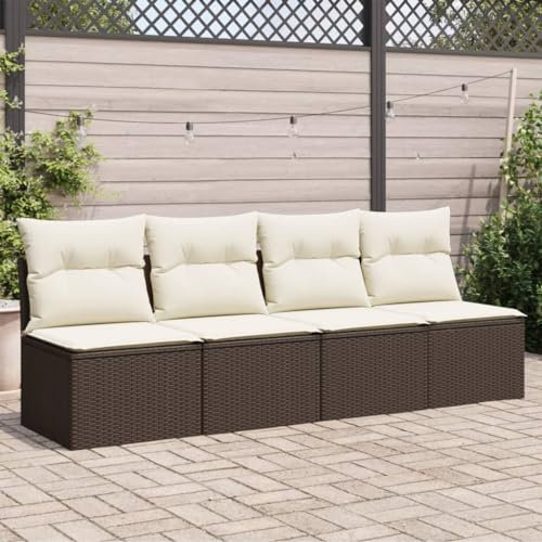 Homgoday Gartensofa mit Kissen 4-Sitzer Balkonmöbel Balkonsofa Mittelsofa Lounge Terrassensofa Rattansofa Loungesofa Gartenmöbel Sitzgruppe Terrassenmöbel Poly Rattan Braun und Cremeweiß