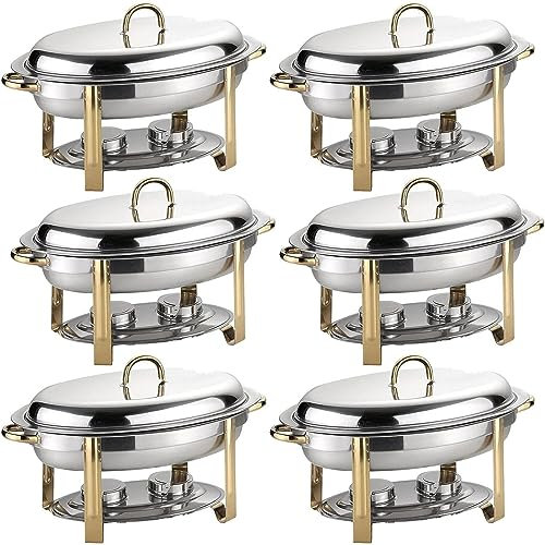 6L Oval Chafing Dish Set, 2/4/5/6 Pack Full Size Stainless Steel Buffet Warmer Tray with Food Pan, Water Pan and Fuel Holders, for Weddings Caterings Parties (6pack)