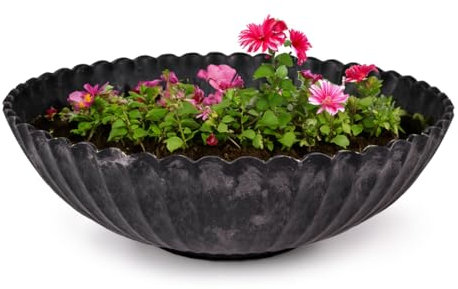matches21 Pflanzschale für draußen - 22 cm Dekoschale schwarz geriffelt als Blumentopf Pflanztopf - runde Blumen-Schale für Garten, Balkon oder Friedhof als Grabschale