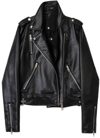 Fulbant Schwarze Kunstlederjacke für Damen, lässiger Reißverschluss und Gürtel, Fahrradmantel, Schwarz , 46