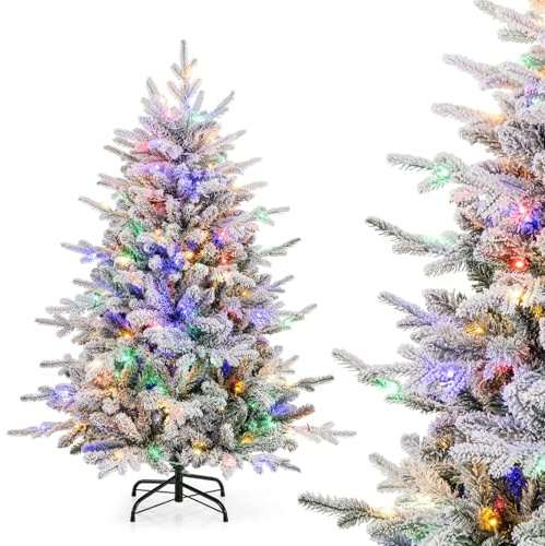 COSTWAY Arbol de Navidad Nevado 135 cm, arbol de Navidad con Luces Incorporadas, 160 Luces LED Multicolores, 8 Modos, Ramas de PVC y PE, Arvore de Natal Hogar Fiesta Interior (135 cm)