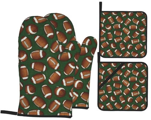 Set di 4 guanti da forno e presine verdi a tema calcio, in tessuto resistente al calore, mini guanti da forno e cuscinetti caldi per cuocere grigliate, barbecue, microonde, lavabili in lavatrice