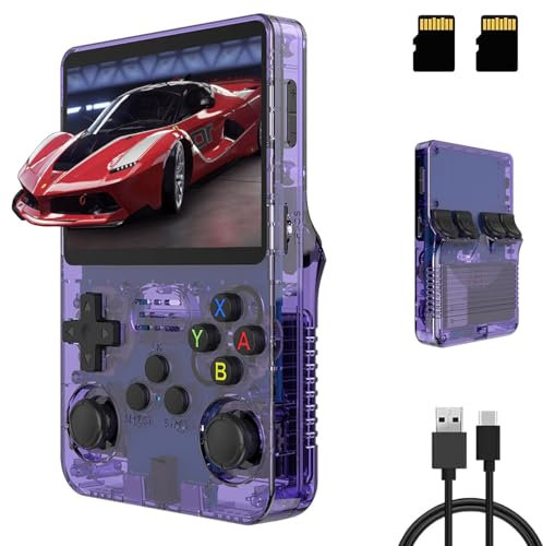 QuazarPyon Double Joystick 3D Console Retro Gaming 3,5 Pouces Écran IPS Système Linux Open Source Intégré 25000+ Jeux Classiques Console de Jeux, Carte TF 128G (Pourpre)