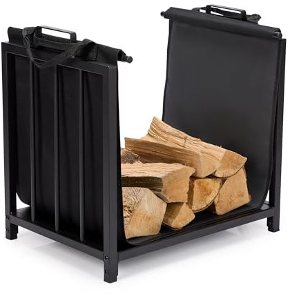 Garronda 2in1 Kaminholzständer und Kaminholztasche Kaminholzregal Innen Metall Kaminbesteck mit Griffen Brennholzregal kaminzubehör Feuerholzablage Kaminwerkzeug GD-0101 (50x37x50 cm, Schwarz)