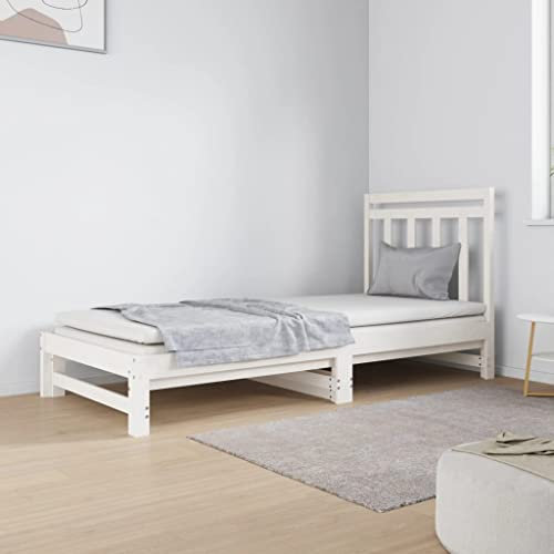 Higsose Bettgestell Zimmer 195,5x182x30cm Weiß Massives Kiefernholz Bedframe(No Mattress) Klassischer Stil Tagesbett Holz Jugendbett Robusten Bettgestell Sofa Im Wohnzimmer Einzelbett Palettenbett