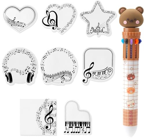 APOMOONS 8 Stück Klebezettel Musik Thema mit 10-in-1 Mehrfarbige Kugelschreiber, Notizzettel Notizblock Sticky Notes, Haftnotizen Set Selbstklebende Music Notes für Schulbüros To-Do-Listen Geschenk