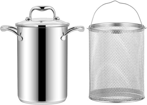 CWCQGH 304 Stainless Steel Asparagus Pot Vegetable Steamer Spaghetti Pasta Cooker Stovetop Oil Deep Fry Pan with Basket and Lid for Home Kitchen Restaurant 4