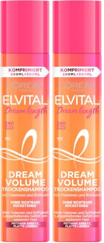 L'Oréal Paris Elvital Trockenshampoo für plattes Haar, 24h Duft, Ohne sichtbare Rückstände, Gegen fettende Ansätze, Mit Vitaminen und Rizinusöl, Dream Volume Dry Shampoo, 1 x 200 ml (Packung mit 2)