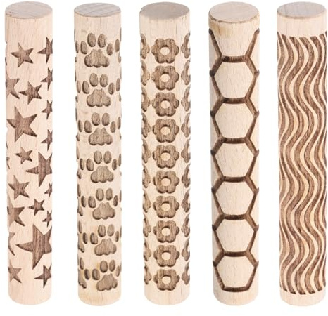 sourcing map Lot de 5 rouleaux d'argile en bois de 10,2 cm avec motif étoile hexagonale, empreintes de pattes de fleurs, outils de poterie, rouleaux de texture de grain de bois pour argile, pâte à