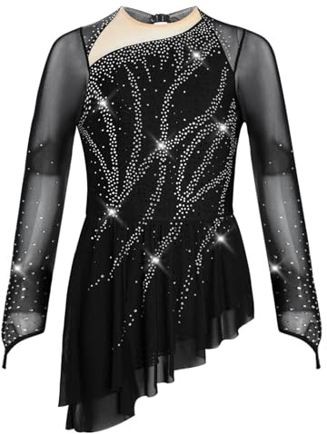 Oyolan Barn Flicka Konståkning Klänning Långärmad Strass Asymmetrisk Klänning Dans Leotard Gymatisk Show, b svart, 13-14 �r