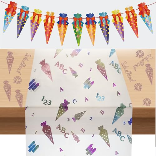 Set of 3 First Day at School Decoration Set with 28 cm x 3 m Table Decoration, Garland Hanging Decoration and Confetti, School Cone Table Decoration for First Day of School, First Day of School, Girls