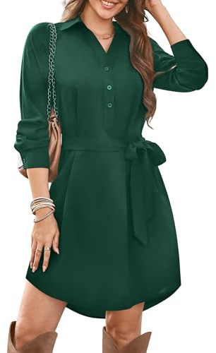 Florboom Damen Langarm Blusenkleid V-Ausschnitt Chiffon Kleid Lässige Herbst Minikleid mit Taschen