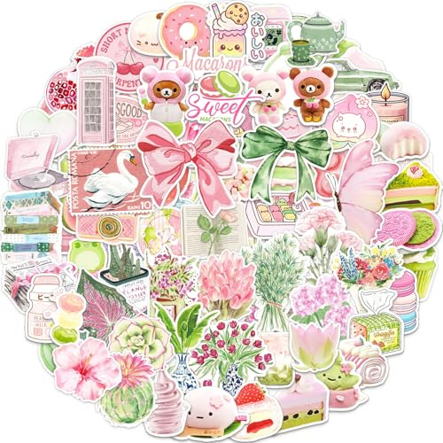 Adesivi Coquette 100 Pezzi Stickers Aesthetic Vintage Verde e Rosa, Stickers Vinile Impermeabili, Adesivi per Journaling, Scrapbooking, Laptop, Bottiglia, Valigia, Diario, Chitarra, Porta Pranzo, ecc