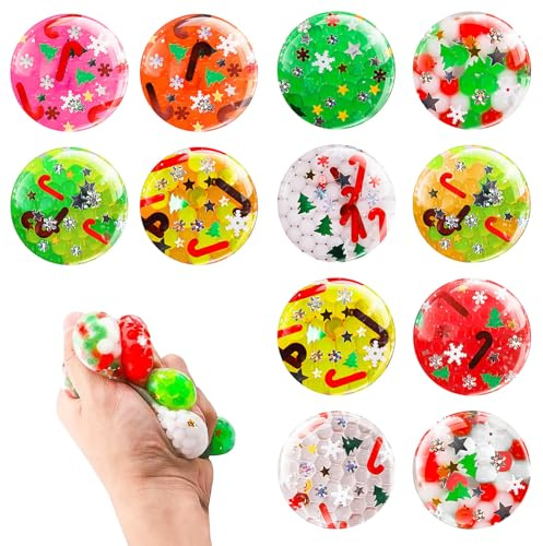 HAASIKI 12pcs Beads Stress Balls, Xmas Stress Relief Ball Christmas, Party Bag Fillers Sensory Gifts Pack, Squishy Balls with Water Beads, Stocking Stuffers Anxiety Relief Set for Autism Boys Girls