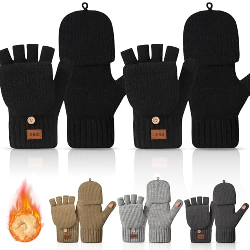 Rosoz 2 Stück Winterhandschuhe ohne Finger für Damen und Herren, verbessert, warm und weich, mit Thermofutter, gestrickt, für kaltes Wetter (schwarz+schwarz)
