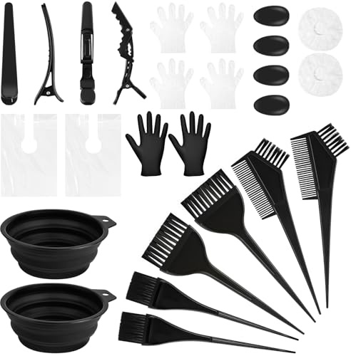 LOPHE 26PCS Outil Ensemble de Coloration des Cheveux,avec Peigne Coloration,Bol de Teinture,Protecteurs D'oreilles,Gants, Bonnet de Douche,Châle Pince à Cheveux pour Salon Coiffure Usage Domestique