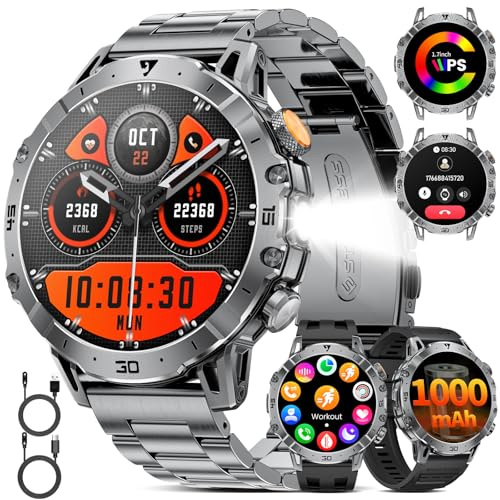 SUNKTA Military Smart Watch Men 1000 mAh Large Battery 1.7 HD Bluetooth Smartwatch for iOS Android with LED Flashlight Fitness Tracker,Heart Rate/Sleep Monitor/Pedometer,3 Straps, 2 Chargers,Grey