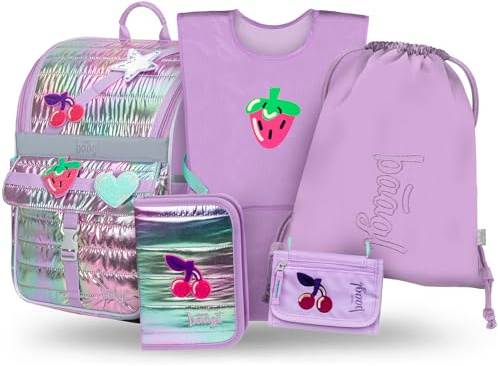 Baagl Schulranzen Jungen Mädchen Set 5 Teilig (Zippy Schultasche für 1. Klasse, Mäppchen, Turnbeutel, Schürze, Brustbeutel), Grundschule Ranzen, Ergonomischer Schulrucksack, 18 l