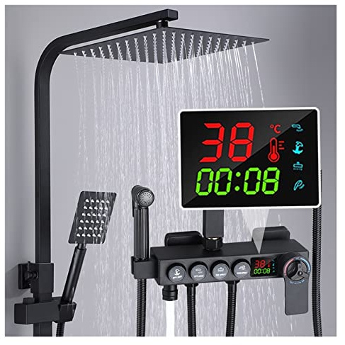 Columna de Ducha, Juego de grifo de ducha termostático de latón/juego de grifo de ducha de baño pantalla Digital, columna de ducha de lluvia, regadera de 25CM/30CM(Black-12Inch-D)