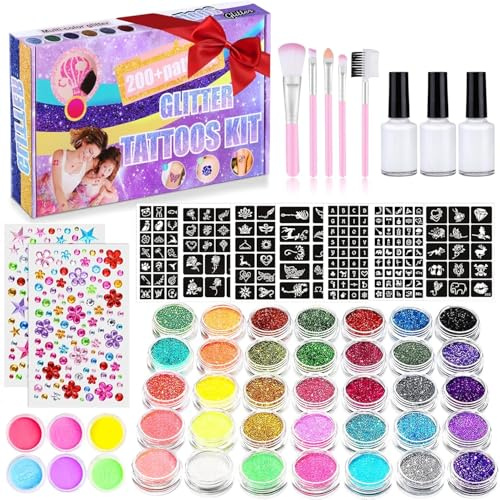 Glitzer Tattoo Set Kinder, 41 Farben Temporäre Glitzertattoos für Mädchen | 215 Strasssteine 204 Schablonen 3Kleber 5Pinsel,Wasserfeste Tattoos für Kinder,Mädchen,Party,Geschenk für Kinder Weihnachten