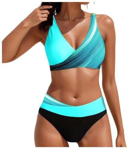 Bikini dam mage väg sexig del baddräkter två delar retro rukad hög midja tryck bikiniset sportskjorta, crossover bustier hög midja bikini badmode elegant tvådelad baddräkt baddräkt, Minegrön, M
