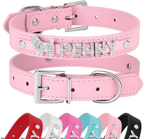 Didog Benutzerdefinierte Hundehalsbänder aus glattem PU-Leder mit Strasssteinen, personalisierbar mit Namensbuchstaben, passend für kleine und mittelgroße Hunde, Rosa, XS
