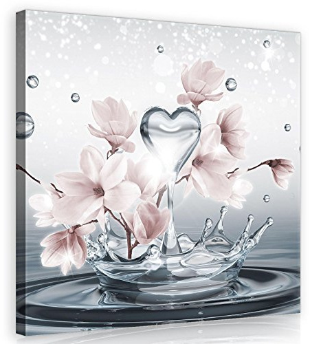 Forwall Leinwand Bilder - Magnolie Blumen Wassertropfen Herz - 40x40 cm | Leinwandbilder, Bild auf leinwand, Wandbild XXL groß Wandbilder für Wohnzimmer Schlafzimmer Wohnzimmerbilder