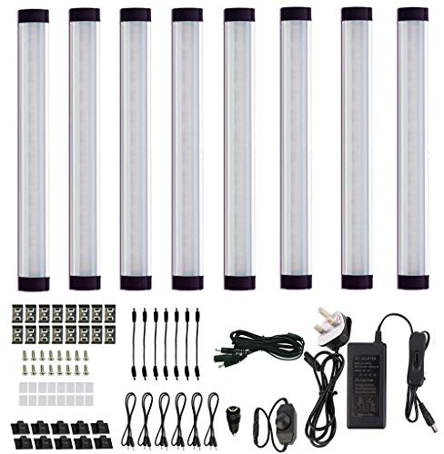 AlBOO Under Cabinet Kitchen Lights Wired LED Daylight White 6000K Dimmable 8 Pack,28cm Under Cupboard Kitchen Lights 24V Plug in with Mains,Ultra Thin Under Couter Light Display Lighting for Cabinet
