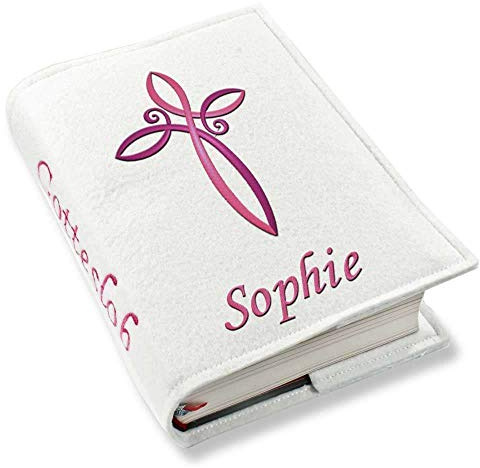 Gotteslob Gotteslobhülle Kreuz pink lila Filz mit Namen bestickt hellgrau weiß dunkelgrau blaugrau dunkelblau türkis maigrün flieder, Farbe:weiß